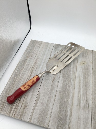 Vintage A&J Long Angled Spatula Slotted 12"  Red Wood Handle Chrome Plated - Picture 1 of 8
