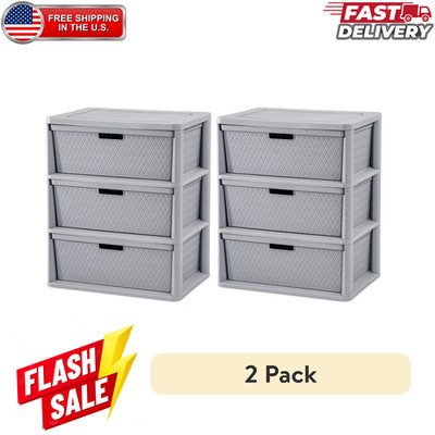 2 Pack Sterilite Wide 3 Drawer Tower Gray Plastic Storage Organizer Bins