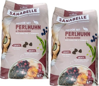 (  10,99/kg) Sanabelle Indoor mit Perlhuhn & Preiselbeeren Katzenfutter 2 x 2 kg