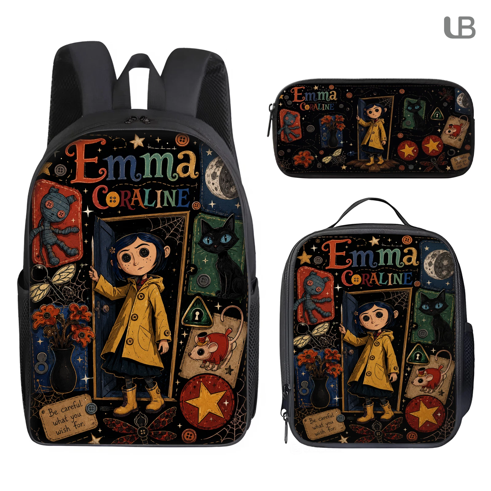 Personalized Spooky Button-Eye School Backpack Lunch Box Pencil Case Set for Kid