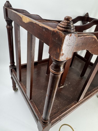 Vtg Wooden Magazine Rack With Brass Wheels - Picture 14 of 17