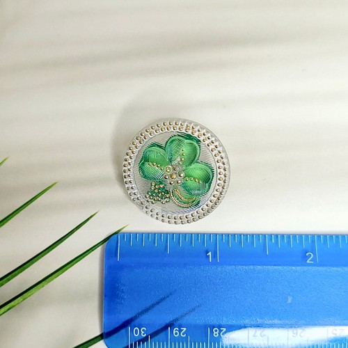Art Deco Glass Button 27mm Green Glass Button Flowers Style - Picture 4 of 6