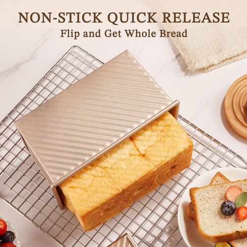 Pullman Loaf Pan: 1 lb, Lid, Non-Stick,Carbon Steel, Corrugated, Toast Box,Gold. - Picture 4 of 12
