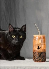 Anthropologie Mystic Confetti Icon Juice Glass Tumbler Orange Black Cat With Lid