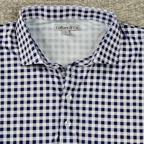 Collars and Co Polo Shirt Mens Large Blue Plaid Gingham Dress Collar Preppy
