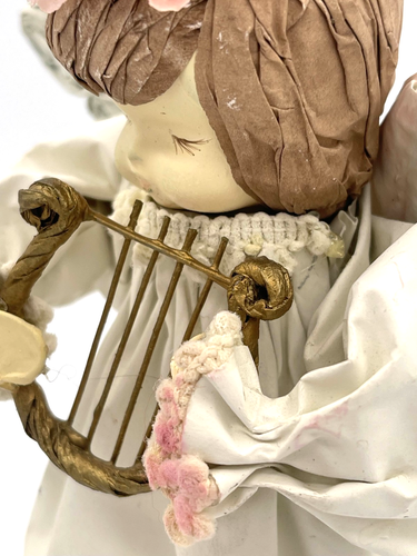 VTG Handmade Paper Mache Angel Figurine Harp Crepe Paper Flowers - Picture 7 of 8