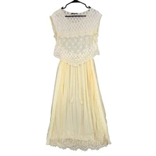 Twinset Crochet Lace Maxi Dress sz M Women Butter Cream Sheer Overlay Boho Fairy