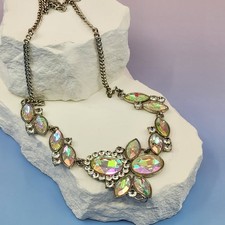 Aurora Borealis Crystal Rhinestone Statement Necklace Silver Tone Vintage Glam