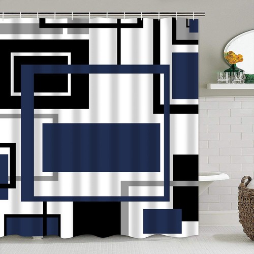 4 Pcs Blue Geometric Shower Curtain Sets with 12 Hooks Non-Slip Rugs U-Shaped... - Picture 2 of 7