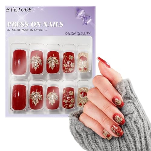 Herbst Press on Nails Medium Square Fake Nails Glitzer Gold Falsches Nageldesign 18 - Bild 3 von 8