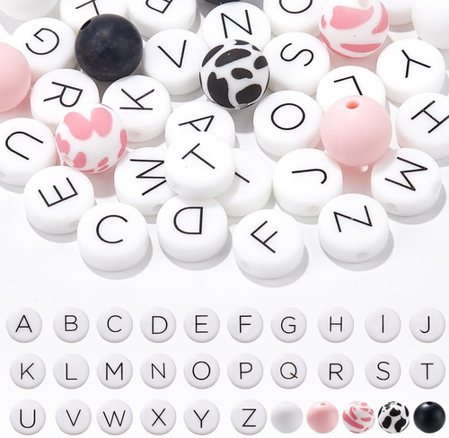 1 scatola 36 pezzi perline lettere silicone sfuse alfabeto perline inglese A-Z maiuscolo bianco - Foto 1 di 6