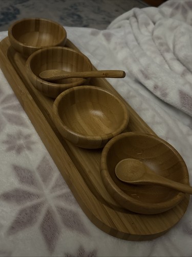 Pampered Chef Bambus kleine Snack-/Dipschalen 4er Set mit Löffeln und Tablett - Bild 5 von 12
