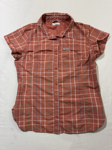 Columbia Short Sleeve Shirt Orange Rust Striped Womens M Gingham - Picture 1 of 10