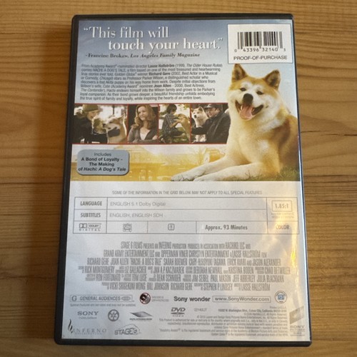Hachi: A Dog's Tale (DVD 2008) Richard Gere Joan Allen - Like New Condition - Picture 2 of 2
