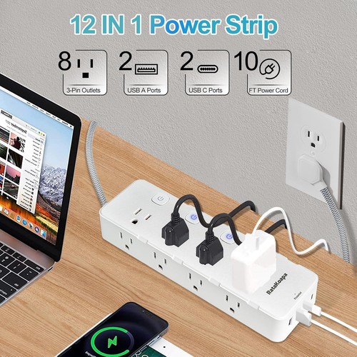 10 Ft Surge Protector Power Strip 8 AC Outlets 4 USB Ports USB-C Flat Plug - Picture 5 of 28