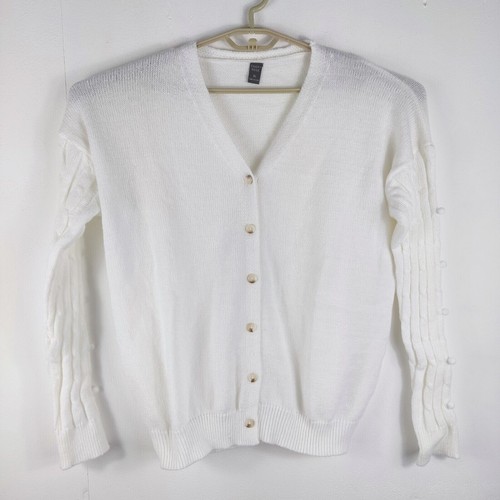 womens cardigan white pompom sleeve contast buttons emery rose size XL new - Picture 2 of 7