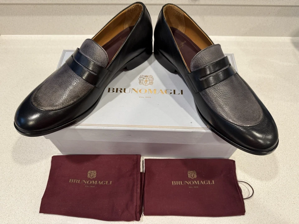 Mocasín Bruno Magli Penny Para Hombre Talla US11 De Colección Cuero Negro y Azul Marino Vamp Foto 2 de 4