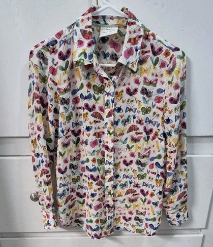 Anthropologie Carolyn Gavin Butterfly 100% Silk Blouse Button Top Womens Size 4