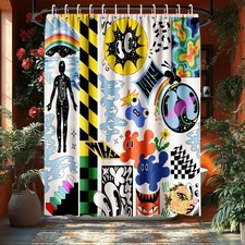Pop Art Trippy Shower Curtain 72x72 Inches with Hooks, Colorful Abstract Cart...