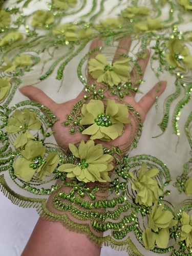 Olive Green 3d Lace Embroidery Beaded Floral Fabric Sold By The Yard For Dress - Picture 11 of 14