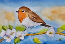 English Robin w.Blooms  Original  Watercolor  Bird Gardens   Flower  Painting