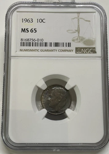 1963 Roosevelt Dime 10c NGC MS 65 Mint State Uncirculated Coin Nice Toning