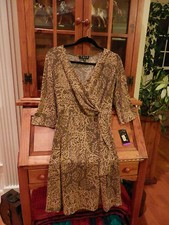 NWT TRIO New York Faux Wrap Dress Soft Browns Floral Wrap Bodice Size Small
