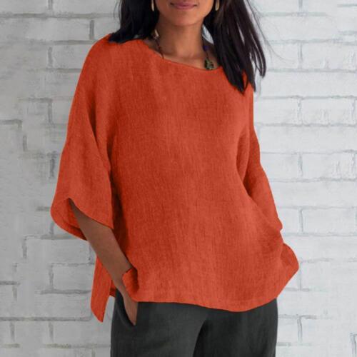 Linen Shirts for Women, Casual 3/4 Sleeve Solid Color Loose Crew Neck Tunic Tops - Picture 30 of 45