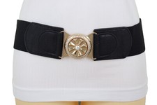Women Black / Beige Elastic Band Fashion Belt Gold Metal Flower Buckle Size S M