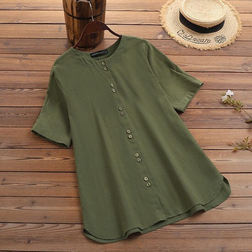 ZANZEA Womens Short Sleeve Button Down Shirts Plain OL Office Business Tops Tee - Picture 7 of 14