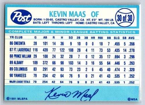 1990 Post Rookie Star - Kevin Maas #30 - Bild 2 von 2