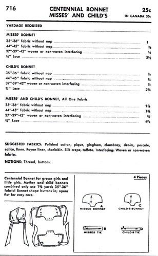 Advance # 716 Bonnets Mother Daughter Fabric Hats Sewing PATTERN GIRL Toddler - Picture 2 of 3
