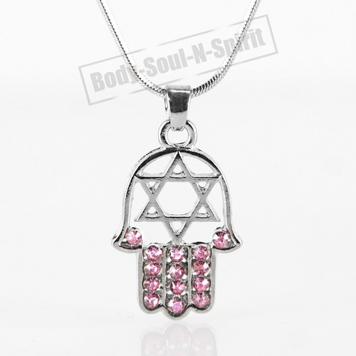 Rosa HAMSA ""Davidstern"" Halskette Kristalle silberfarben Amulett Anhänger jüdisch - Bild 2 von 2