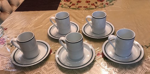 Dansk Bistro Green Trim Inner Bands White, Set of 5 Mugs & Saucers - Picture 2 of 3