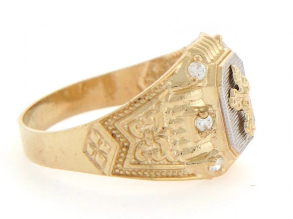 10k or 14k Two Tone Gold Crucifix CZ Fancy Religious Mens Ring - Image 3 of 4