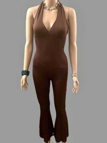 Scanlan Theodore Jumpsuit Vintage 90s Crepe Knit Halter Neck Flared Brown Size S - Picture 4 of 9