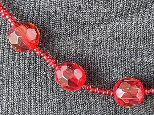 Red Glass Bead Necklace Faceted Glass Beads Spaced By Seed beads, Adjustable - Picture 2 of 6