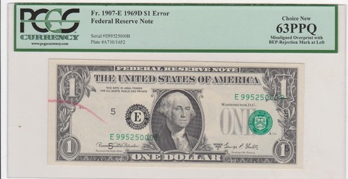 1969 D $1 MAJOR MISALIGNED OVERPRINT WITH BEP MARK SUPER RARE PCGS63 - Picture 1 of 2