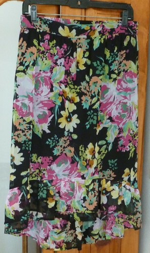 ELEMENTZ Black Floral Hi Lo SKIRT Bottom Ruffle Lined Pink Yellow Aqua Green M - Picture 1 of 3