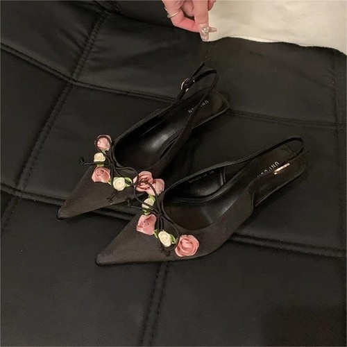 Pointed Toe Flowers Slingback Sandals Kitten Heels Satin Prom Shoes Pumps Women - Imagen 3 de 17