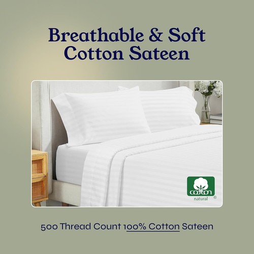 100% Cotton Sateen Twin Sheet Set - Cooling, Deep Pocket with Elastic Fitted - Picture 4 of 10