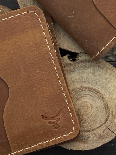 Minimalist Wallet Leather Bifold Wallet Hand Stitched Real Leather Vintage Tan - Picture 3 of 3