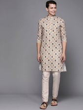 Men's Beige  Navy Blue Cotton Kurta   Ethnic Motif, Sequined, Mandarin Collar