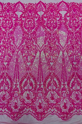 Damask Sequins Fabric - Hot Pink IR Shiny Sequin Design on 4 Way Stretch By Yard - Picture 5 of 5