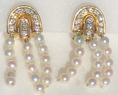 18K Yellow Gold Diamond Pearl Dangle Fringe Vintage Earrings Clip-On - Picture 6 of 12