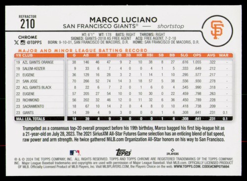 2024 Topps Chrome Refractor #210 Marco Luciano (RC) Giants Rookie - Bild 2 von 2