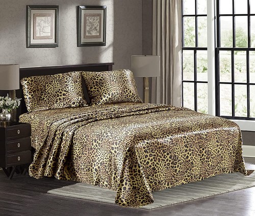 Gold Leopard Full Size Satin Silky Sheet Set With Pillowcase Microfiber  - Picture 1 of 5