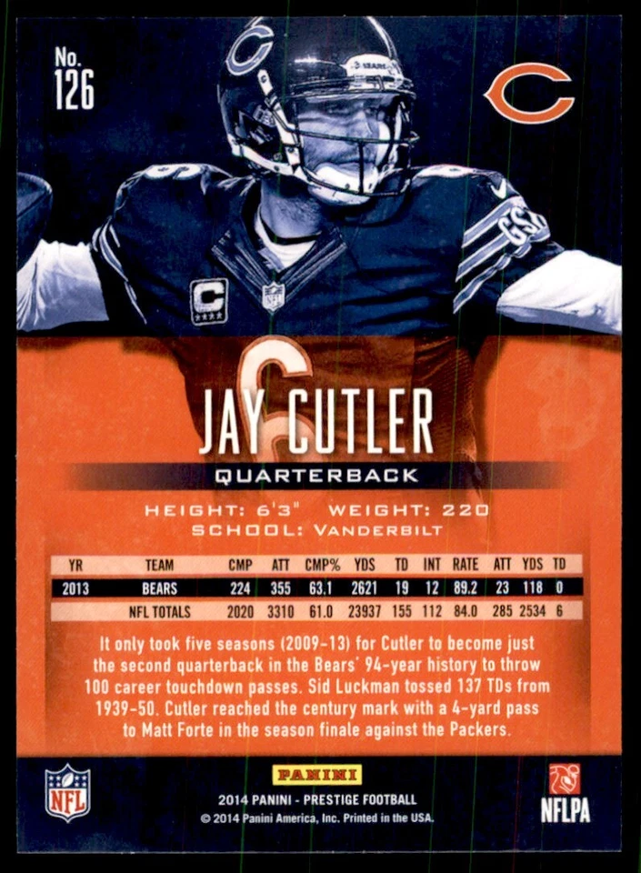 2014 Panini Prestige Jay Cutler Football Cards #126 - Image 2 of 2