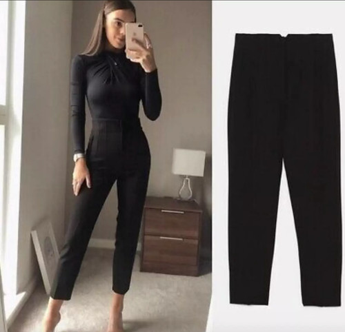 ZARA WOMAN NWT HIGH-WAISTED PANTS BLACK  PRONOUNCED SEAMS NEW 7901/432 S