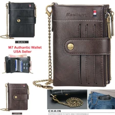 Men's C1 Leather Wallet with Chain ID Sim Credit Card Hold Double Zipper Coin